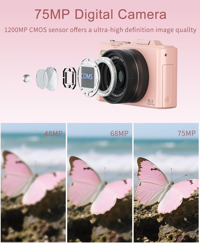 FLATIC Digital Camera, 5K 75MP Cameras for Photography with WiFi & 64GB TF Card, Autofoucs Vlogging Camera for YouTube with 180° Flip Screen, Compact Vlog Travel Camera Kit for Beginner, Teens - Image 3